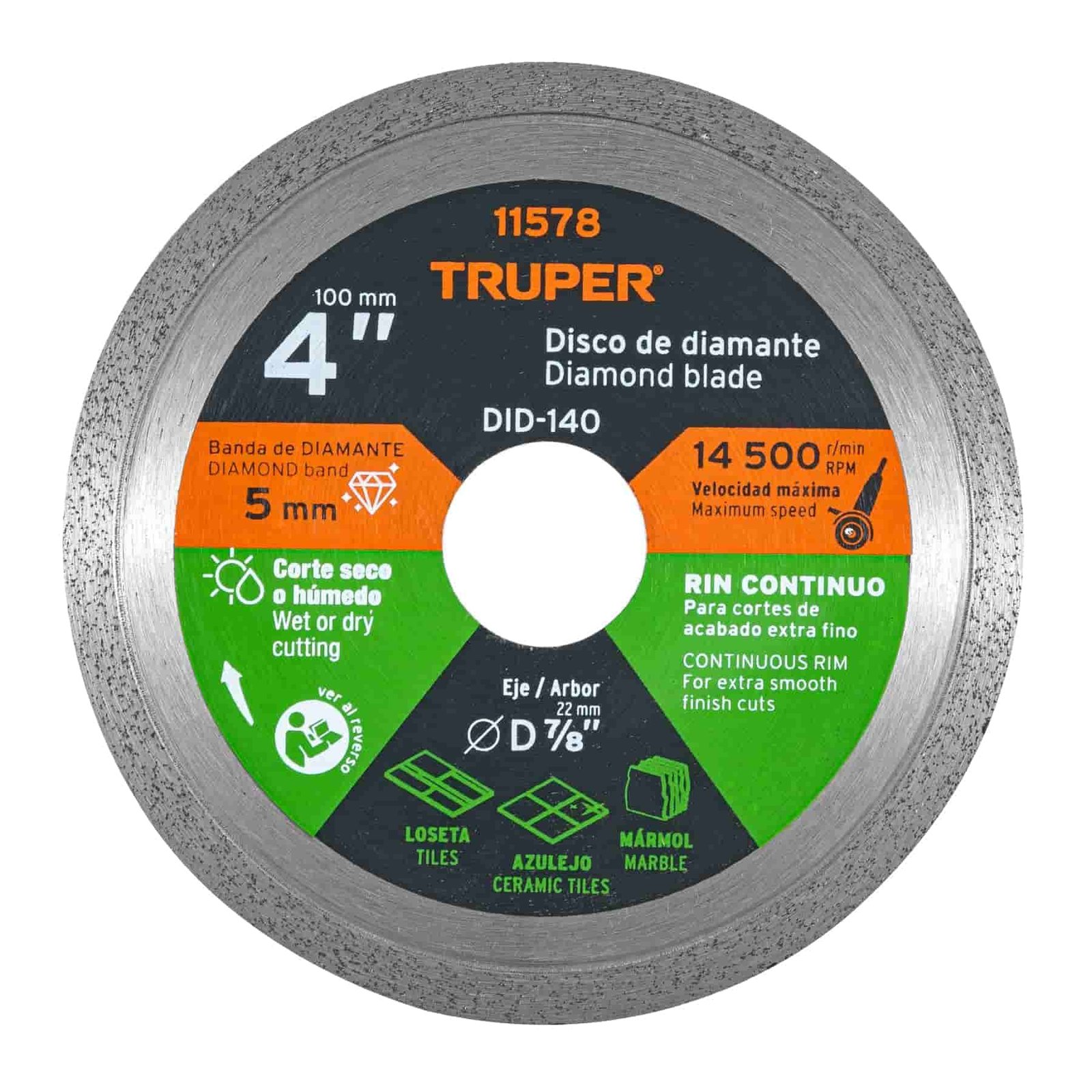 Disco de diamante rin continuo 4" acabado fino Truper DID-140